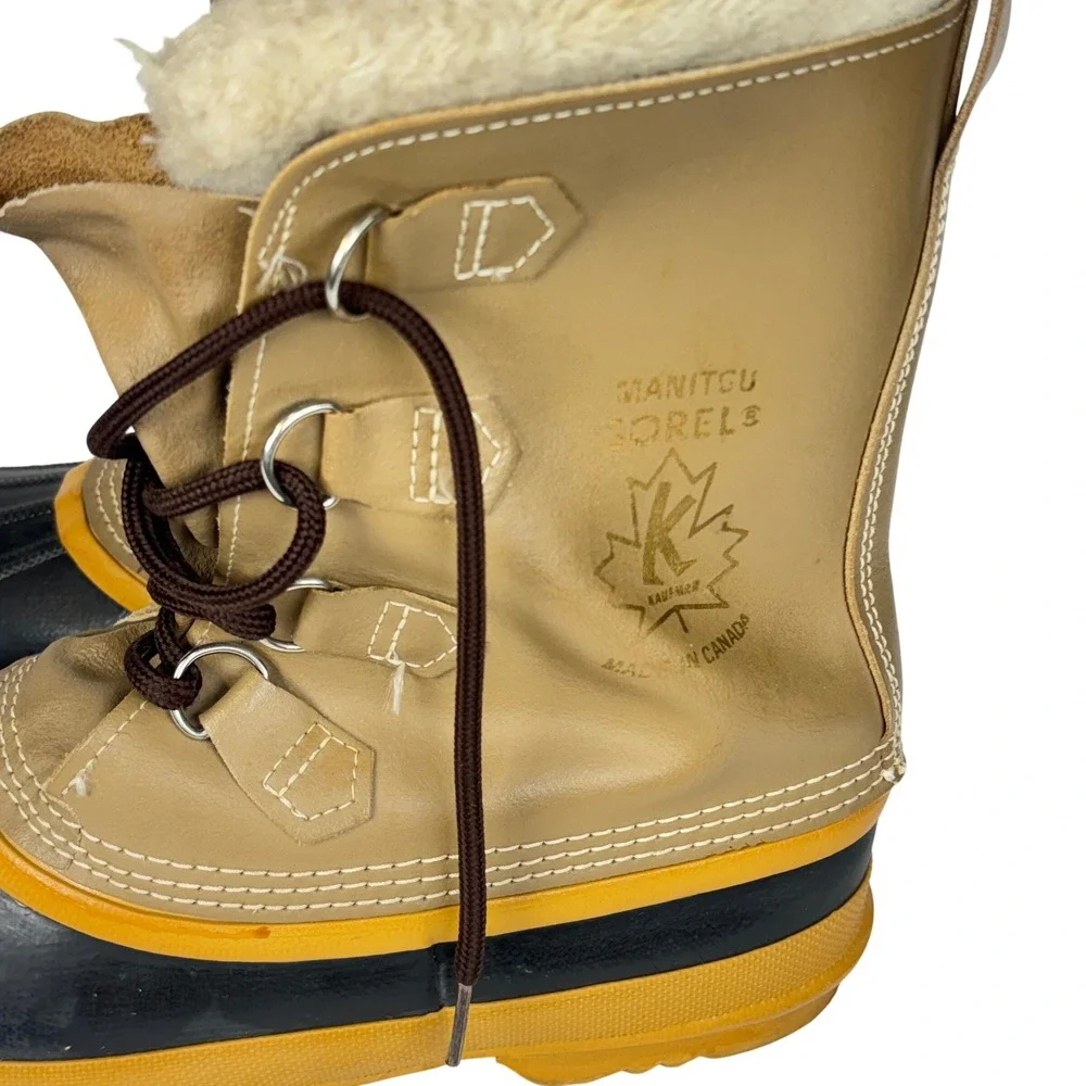 Sorel Snow Boots Tan Brown Leather Heavy Duty Rubber Faux Fur Winter Mens 9